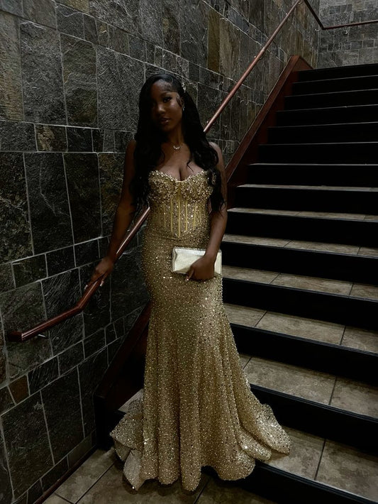 Gold Straps Mermaid Long Prom Gown Evening Dress