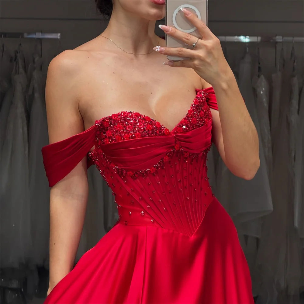 Cathy Customized Red Strapless Side High Split Prom Dresses Sequins Sleeveless vestidos de noiva A-Line Appliques Evening Dress