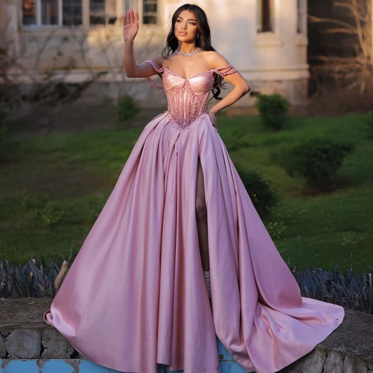 Customized Off Shoulder Sweetheart Neck Princess Evening Dresses Side High Split Party DressesCathedral Train Prom Dresse