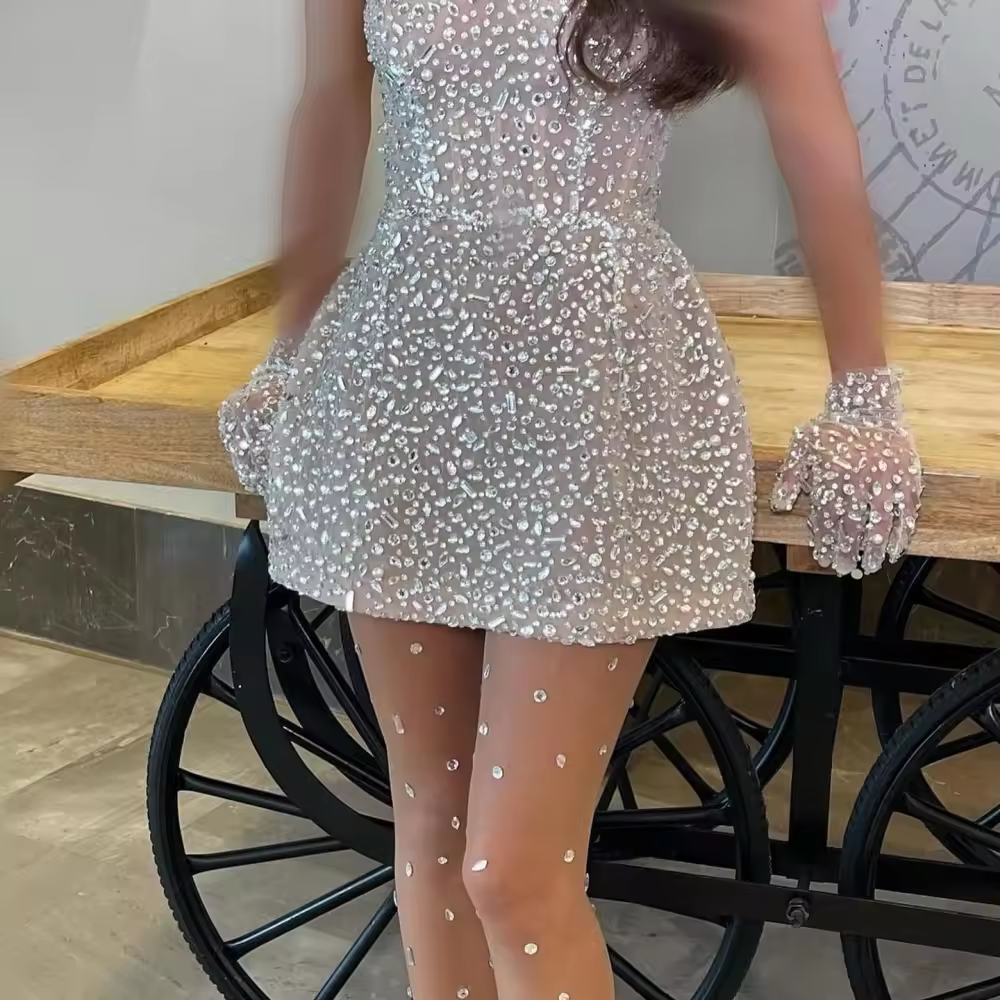 Customized White Glitter Spaghetti Strap robes de soirée Sleeveless Strapless Party Dresses Mini Skirt Prom Dress 2025