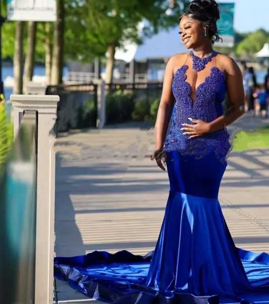 Sexy Royal Blue Velvet Gala Mermaid Prom Dresses For Black Girls Crystal Evening Birthday Party
