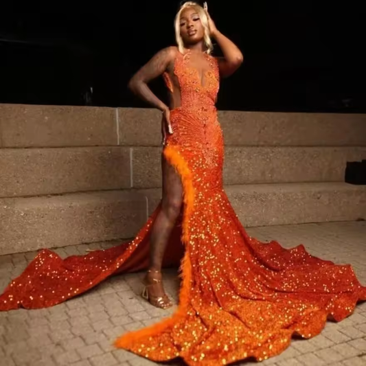 Orange African American Long Prom Dresses For Black Girls Mermaid Sequins Feather Crystals Slit Women Evening Gown Customized