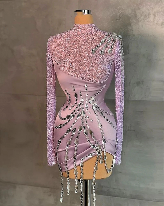 Pink High Neck Short Prom Dress For Black Girls Beaded Crystal Birthday Party Dresses Full Sleeve Formal Gown Mermaid