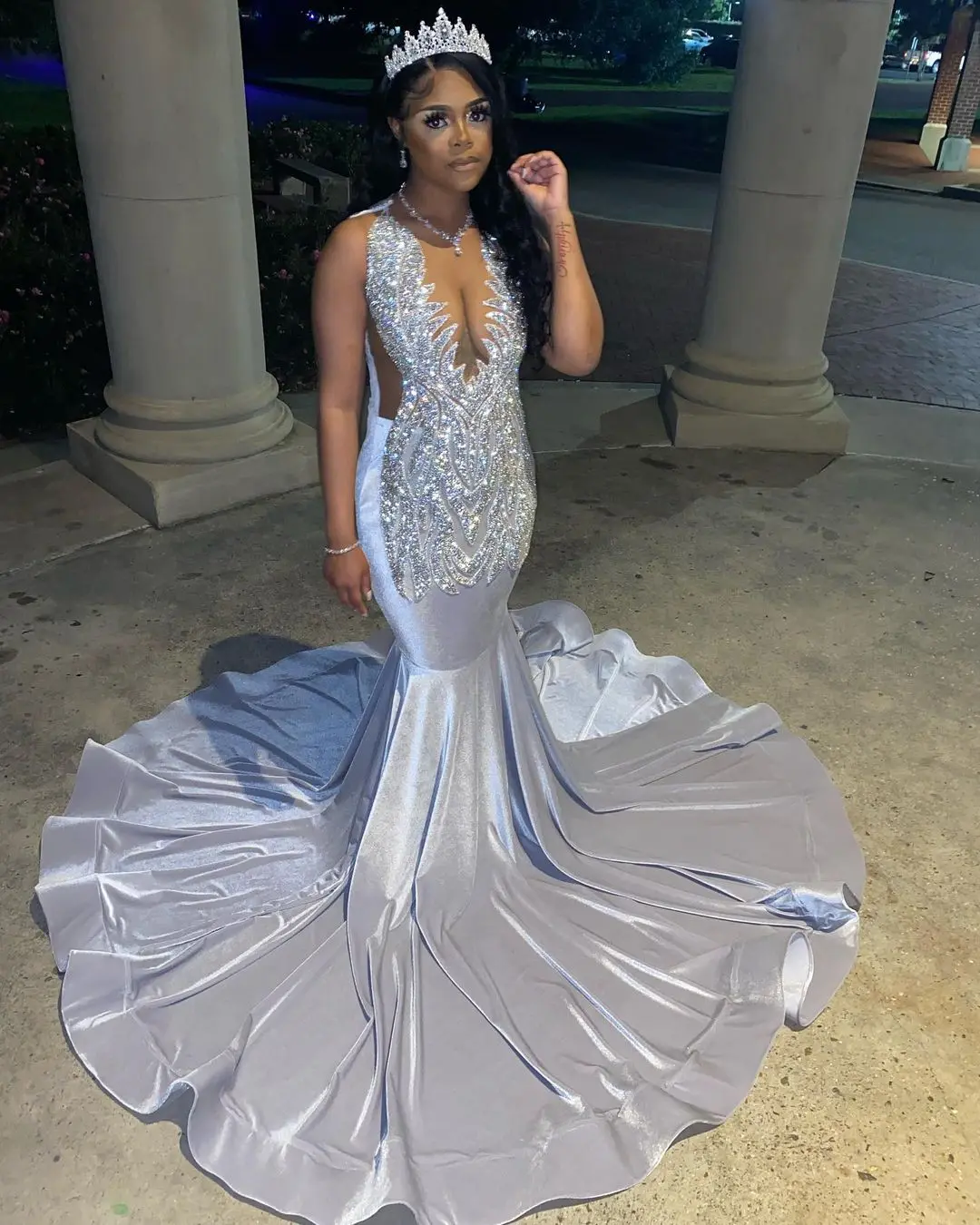 Shinning silver mermaid prom dress with train
