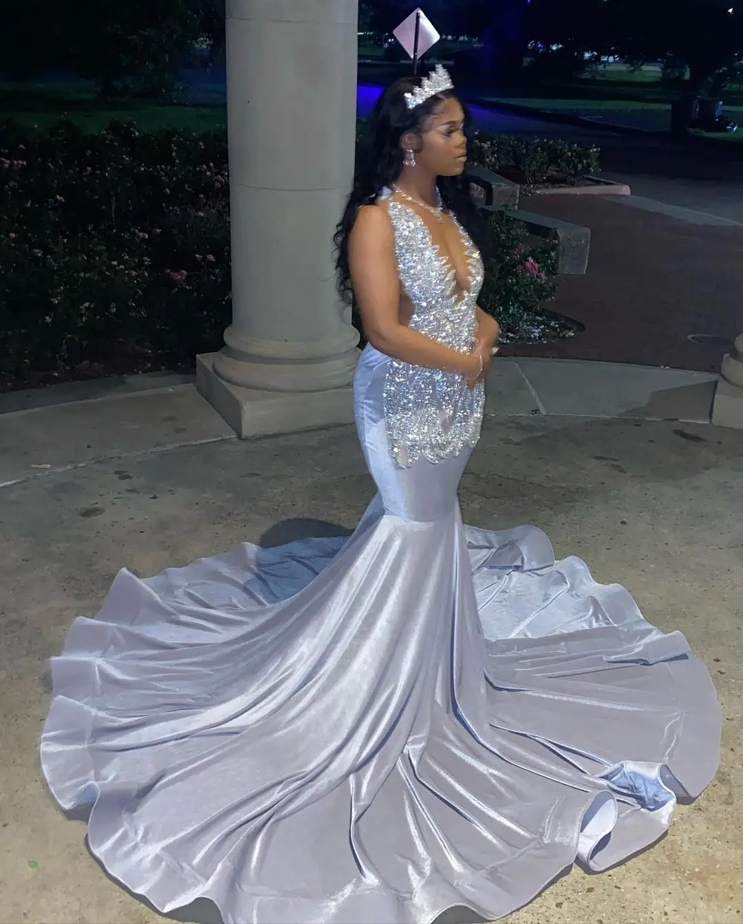 Shinning silver mermaid prom dress with train