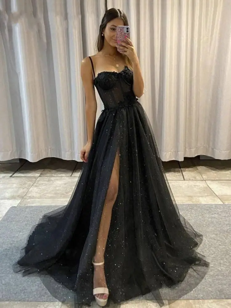 Straps prom dresses Bone Bodice high split glitter A Line black party evening dress sweep train dresses