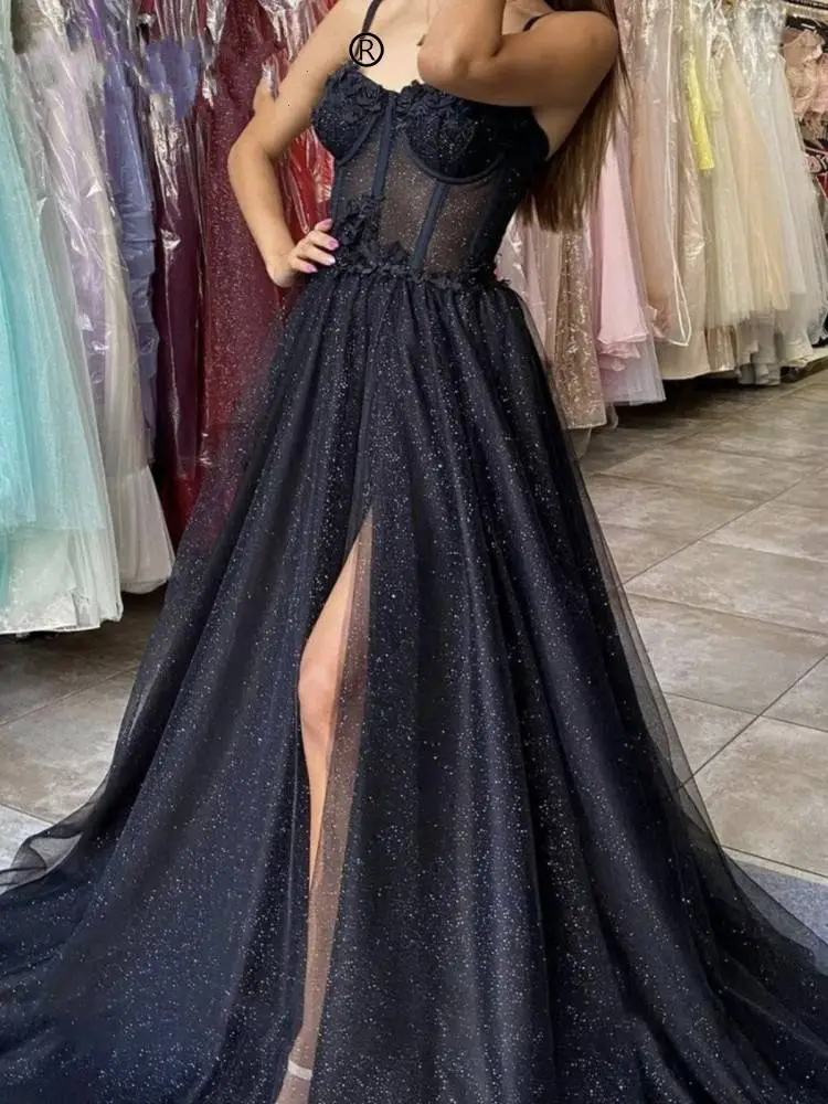 Straps prom dresses Bone Bodice high split glitter A Line black party evening dress sweep train dresses