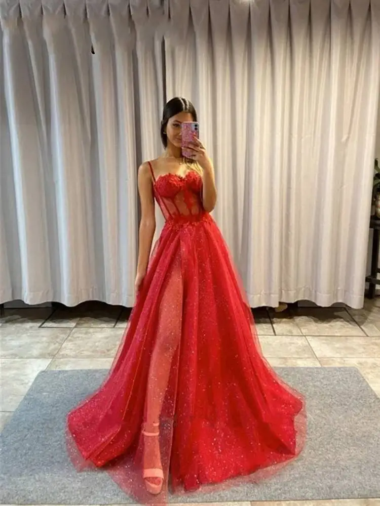 Straps prom dresses Bone Bodice high split glitter A Line black party evening dress sweep train dresses