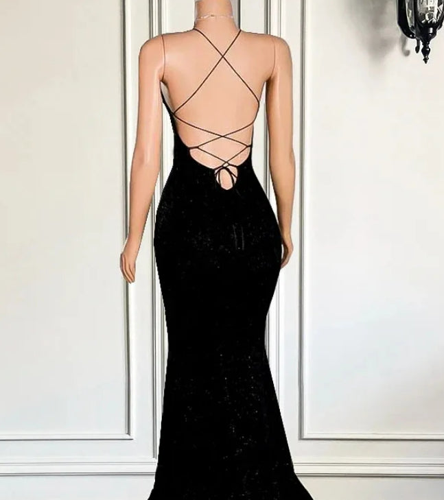 Sparkly Mermaid Style Fitted Sexy High Slit Black Sequined African Girl Backless Long Prom Dresses