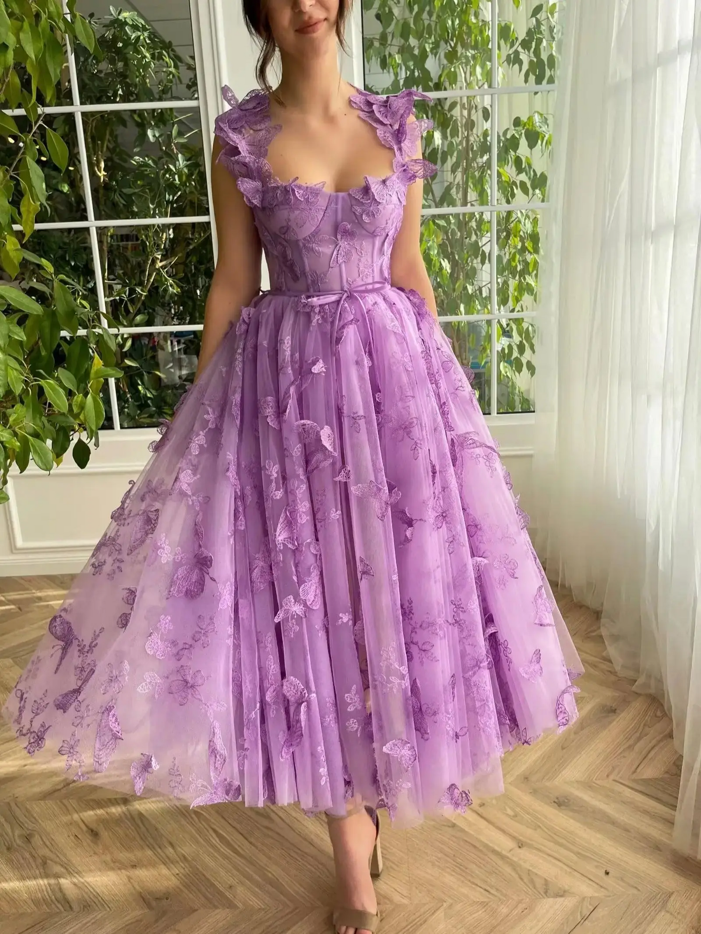 Women's Tulle Prom Dresses 3D Butterfly Spaghetti Straps with Slit Tea Length Homecoming Dress Graduation School Party Gown