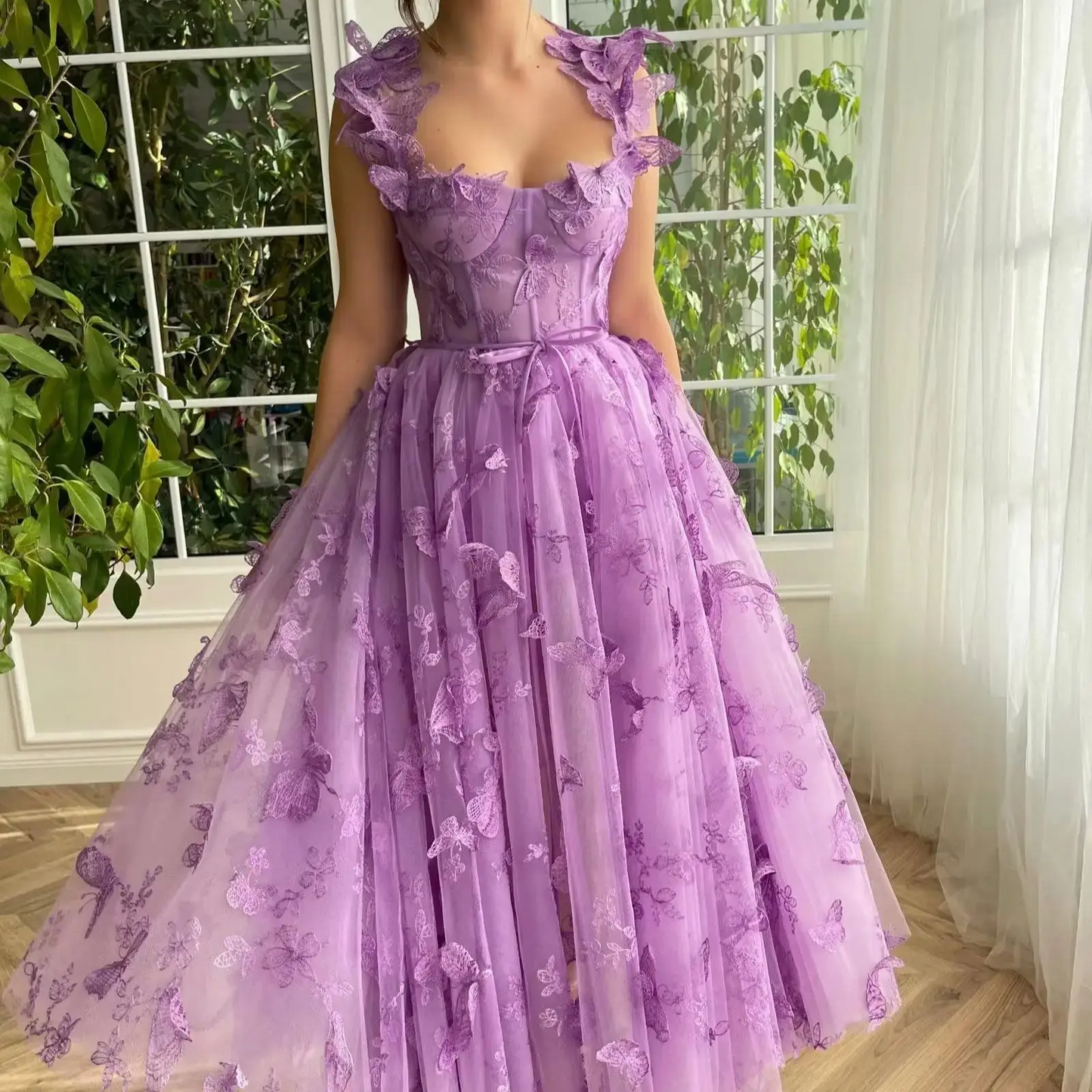 Women's Tulle Prom Dresses 3D Butterfly Spaghetti Straps with Slit Tea Length Homecoming Dress Graduation School Party Gown