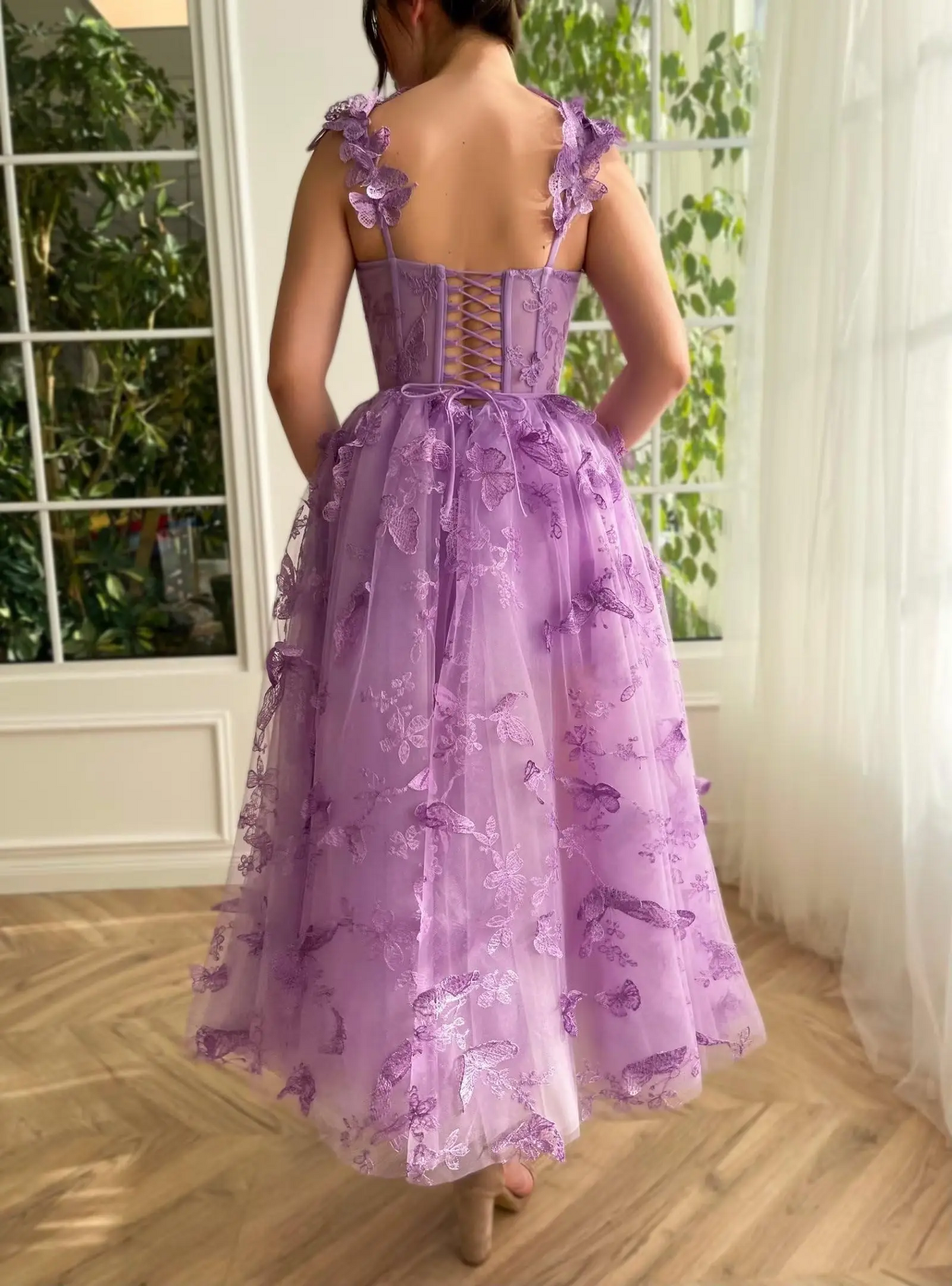 Women's Tulle Prom Dresses 3D Butterfly Spaghetti Straps with Slit Tea Length Homecoming Dress Graduation School Party Gown
