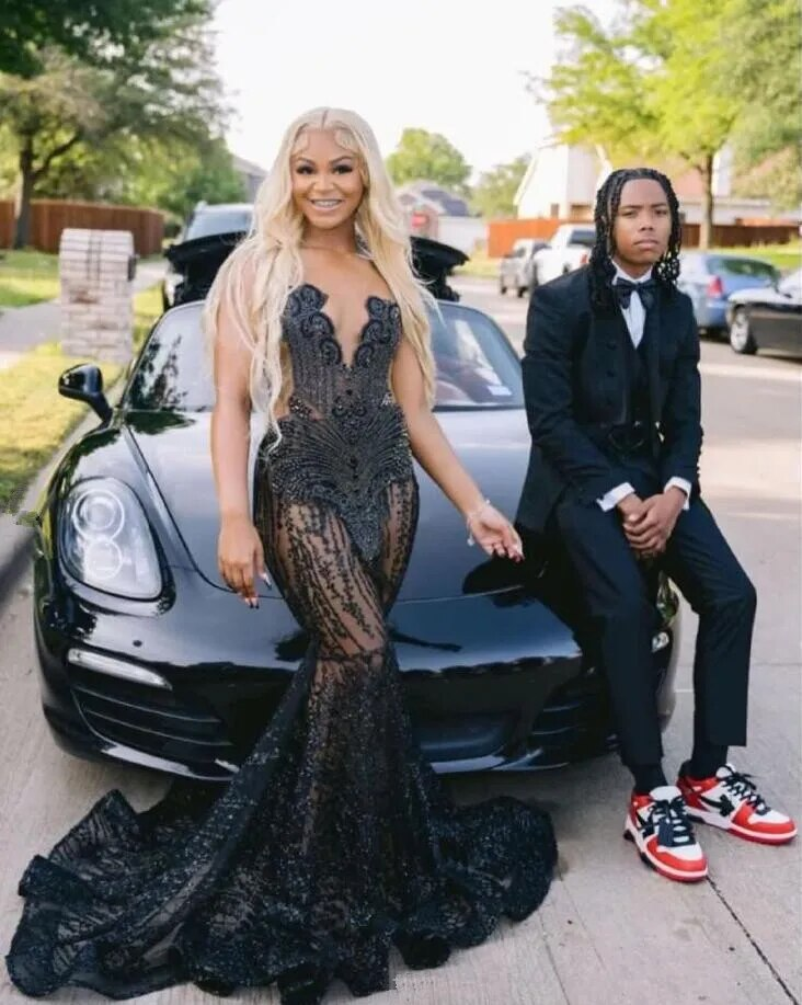 Long Black Evening Dresses Sexy Mermaid Style Luxury Sparkly Beaded Diamond Sequined African Girl Prom Gala Formal Gowns