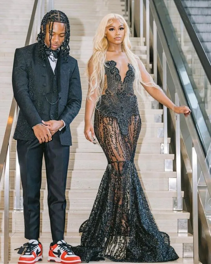 Long Black Evening Dresses Sexy Mermaid Style Luxury Sparkly Beaded Diamond Sequined African Girl Prom Gala Formal Gowns