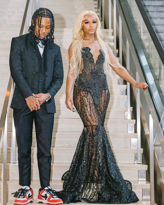 Long Black Evening Dresses Sexy Mermaid Style Luxury Sparkly Beaded Diamond Sequined African Girl Prom Gala Formal Gowns