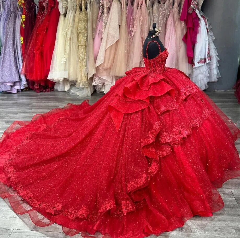 Red Sparkly Princess Quinceanera Dresses Floral Applique Boning Corset Prom Lace Up
