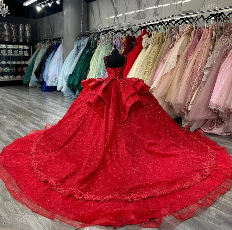 Red Sparkly Princess Quinceanera Dresses Floral Applique Boning Corset Prom Lace Up