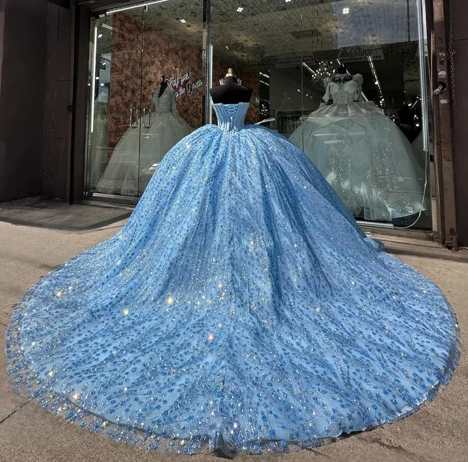 Ice Blue Sparkly Princess Quinceanera Dresses Boning Corset Pearls Beaded Gillter