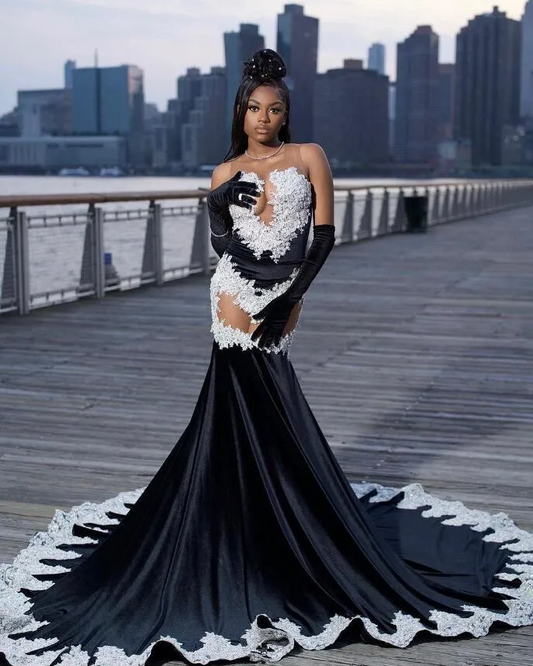 Black White Mermaid Long Evening Party Dresses Sexy See Through Luxury Applique Prom Birthday Dress with Gloves