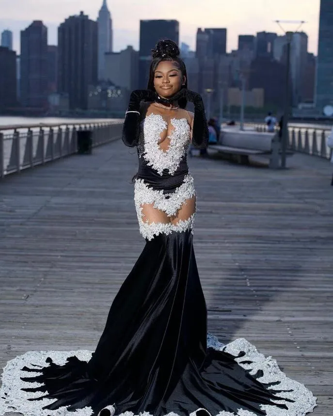 Black White Mermaid Long Evening Party Dresses Sexy See Through Luxury Applique Prom Birthday Dress with Gloves