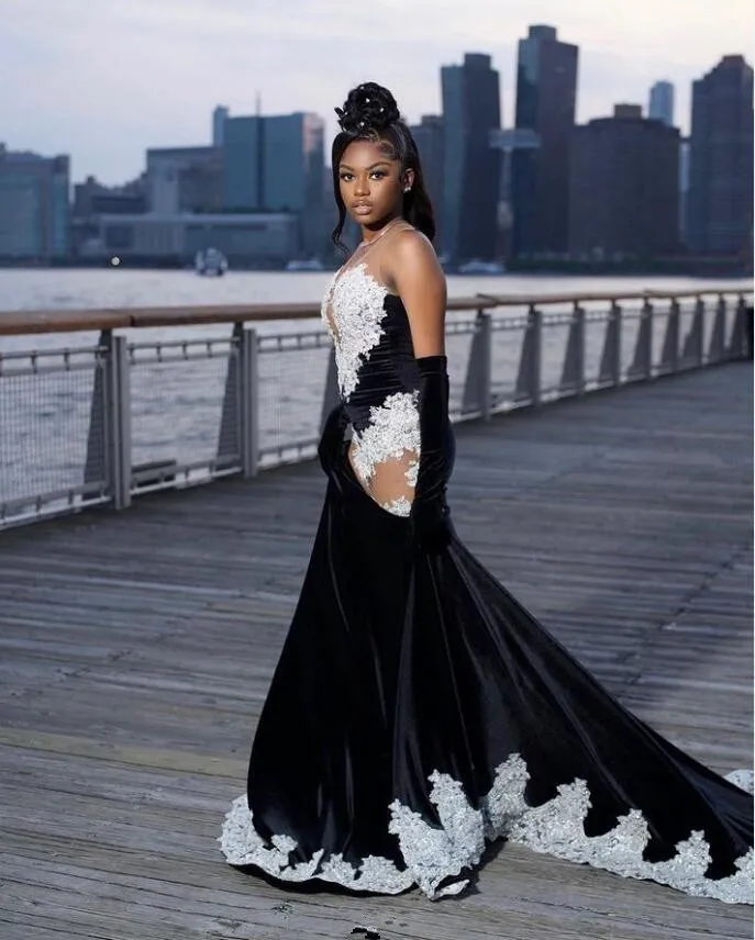 Black White Mermaid Long Evening Party Dresses Sexy See Through Luxury Applique Prom Birthday Dress with Gloves