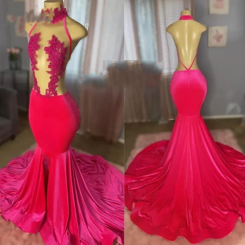 Sexy Backless Lace Prom Dresses For Woman Halter Beading Velvet Mermaid Party Gowns Birthday Outfits Long