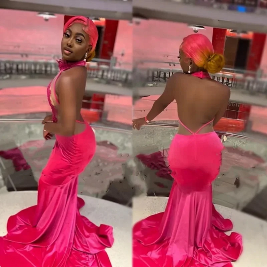 Sexy Backless Lace Prom Dresses For Woman Halter Beading Velvet Mermaid Party Gowns Birthday Outfits Long