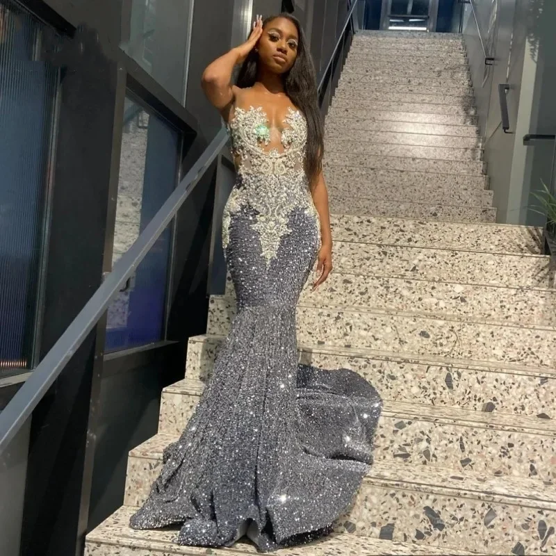 Sparkle Silver Mermaid Prom Dresses For Women Crystal Sequin Sheer Neck Evening Birthday Party Gowns