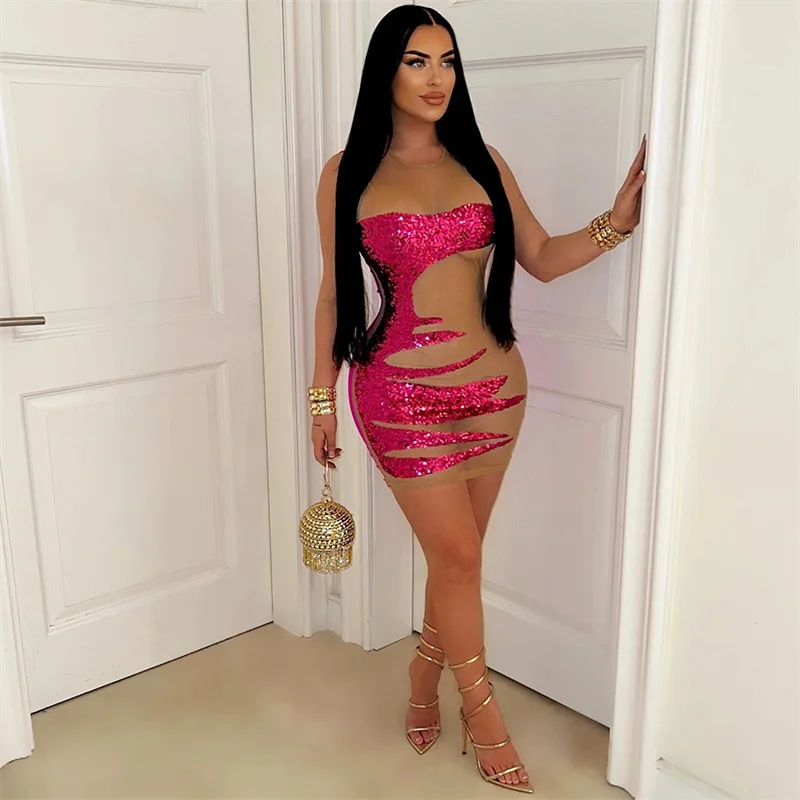 Summer O Neck Sleeveless See Through Mesh Sequins Patchwork Bodycon Sexy Mini Party Dress for Women Night Club Dress Female