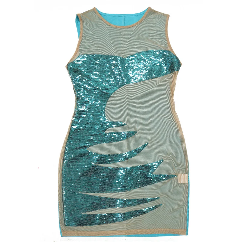 Summer O Neck Sleeveless See Through Mesh Sequins Patchwork Bodycon Sexy Mini Party Dress for Women Night Club Dress Female