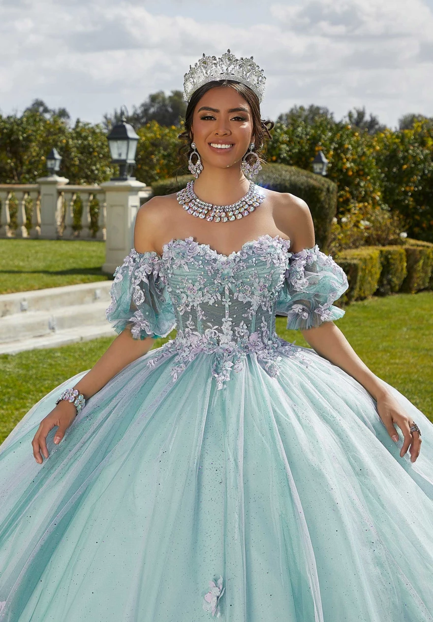 Mint Quinceanera Dress Ball Gown Flowers Puff Sleeve Corset Beading Appliques Princess