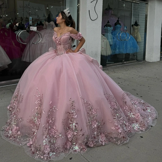 Sparkling Pink Sweetheart Quinceanera Dress Off the Shoulder Appliques Beads Party Sweet 16 Ball Gown Graduation Prom Gowns