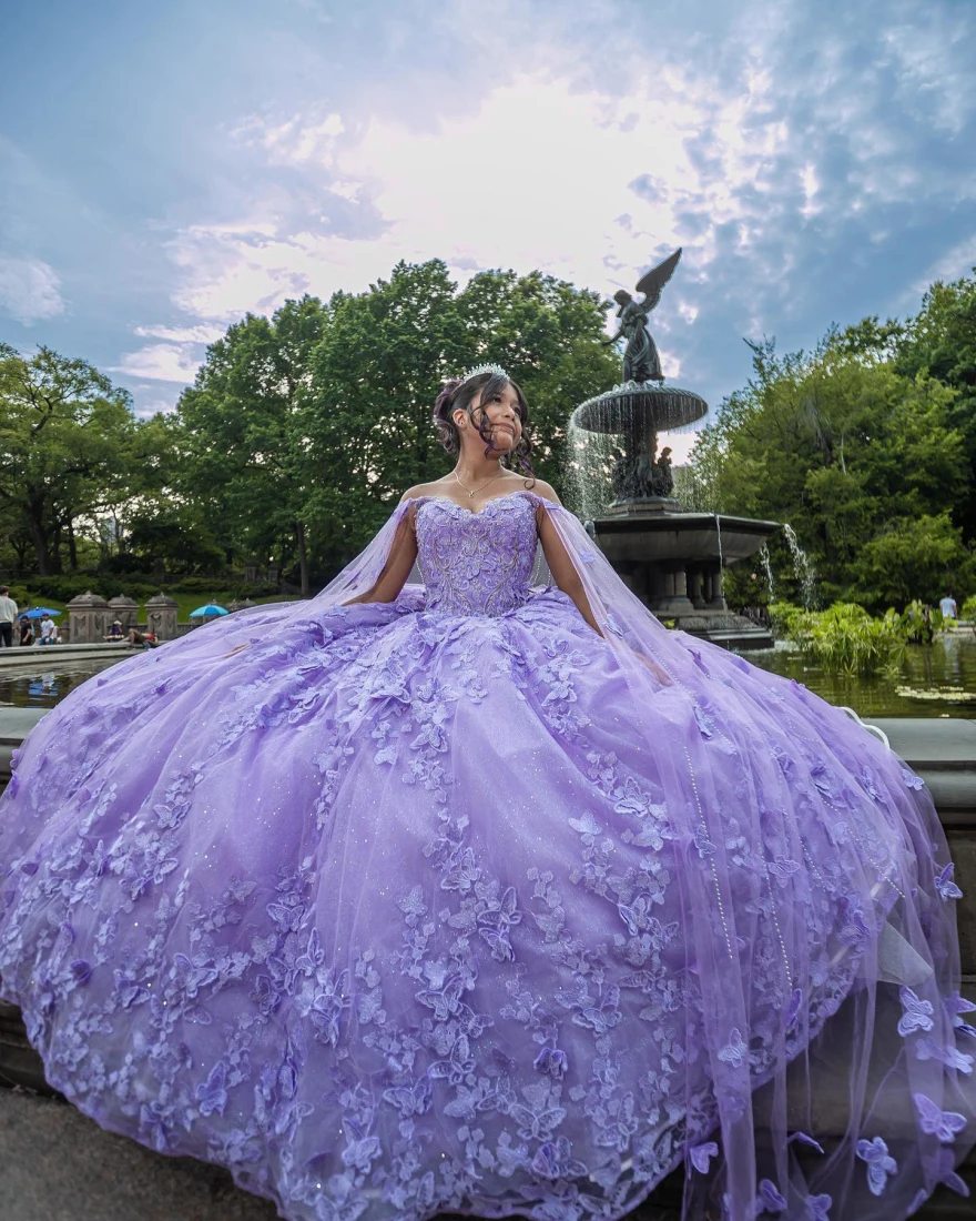 Mexico Ball Gown Purple Quinceanera Dress Sequin Beaded Flowers Appliques Sweet 16 Dress