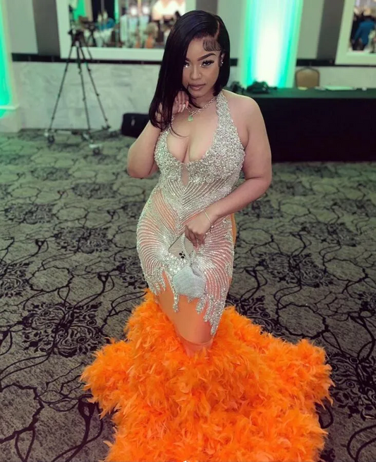 Silver Diamond Orange African Evening Dress Sparkly Crystal Ruffles Skirt Prom Birthday Gown black girl