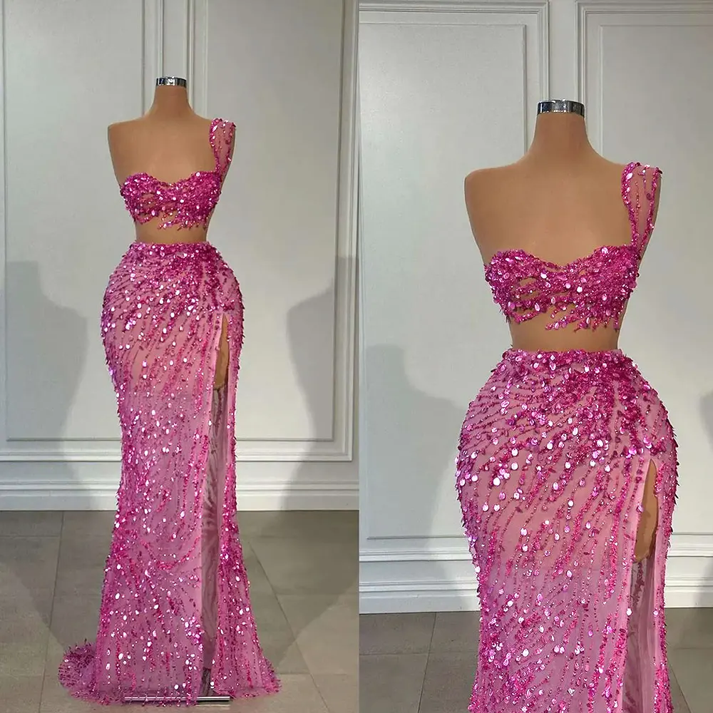 Shiny Evening Dresses Sequined Mermaid Prom Gowns Side Split Sleeveless Custom Made Special Occasion