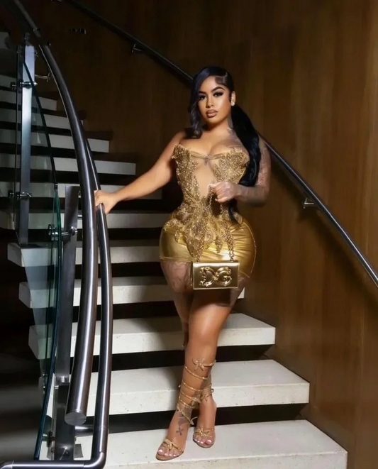 Sexy Gold Birthday Dresses Party Wear Strapless Beading Mini Prom Dress Backless Clubbing Dress