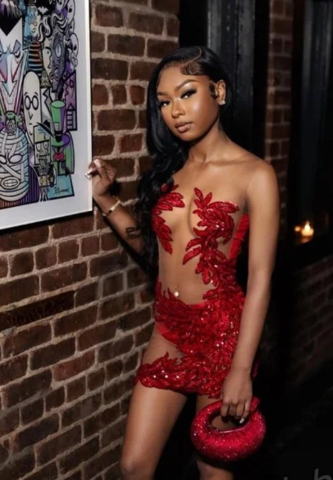 Luxury Red Diamante Short Cocktail Prom Dresses For Black Girls Crystal Tulle See Through Birthday Party