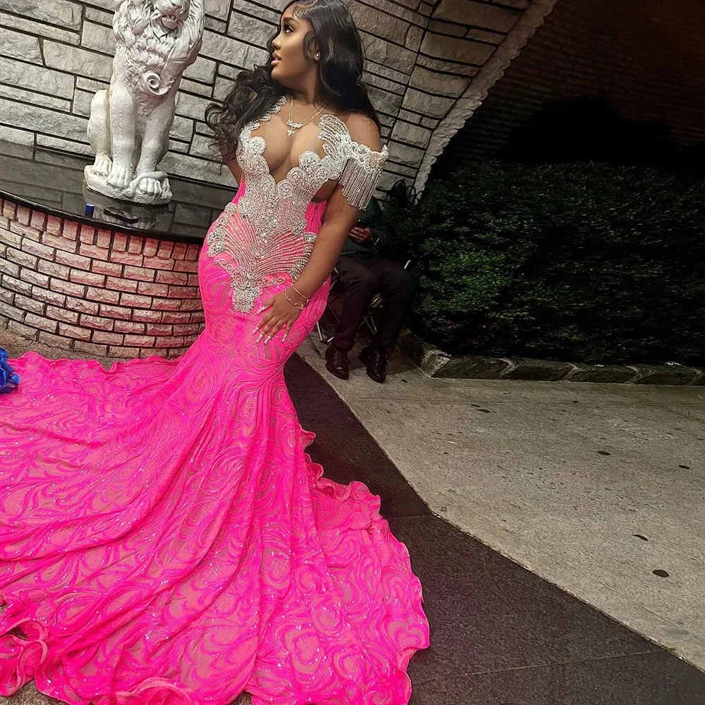 Sparkly Hot Pink Prom Dress For Women Sequin Rhinestone Luxury Mermaid Party Dresses Black Girls