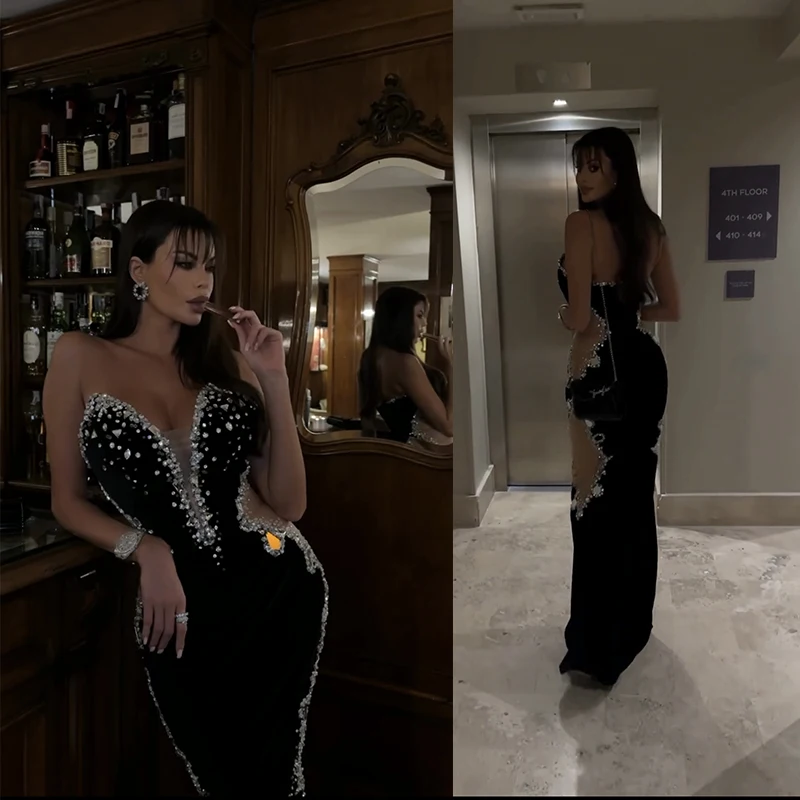 Women's Black Strapless Diamond Mesh Sexy Celebrity Cocktail Party Long Dress