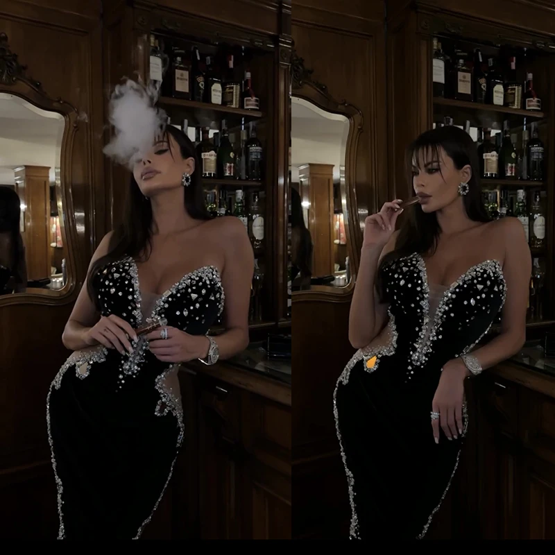 Women's Black Strapless Diamond Mesh Sexy Celebrity Cocktail Party Long Dress