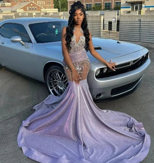 Sparkly Lilac Long Prom Dress Beads Crystals Rhinestones Court Train Glitter Birthday Party Gown Wedding Reception