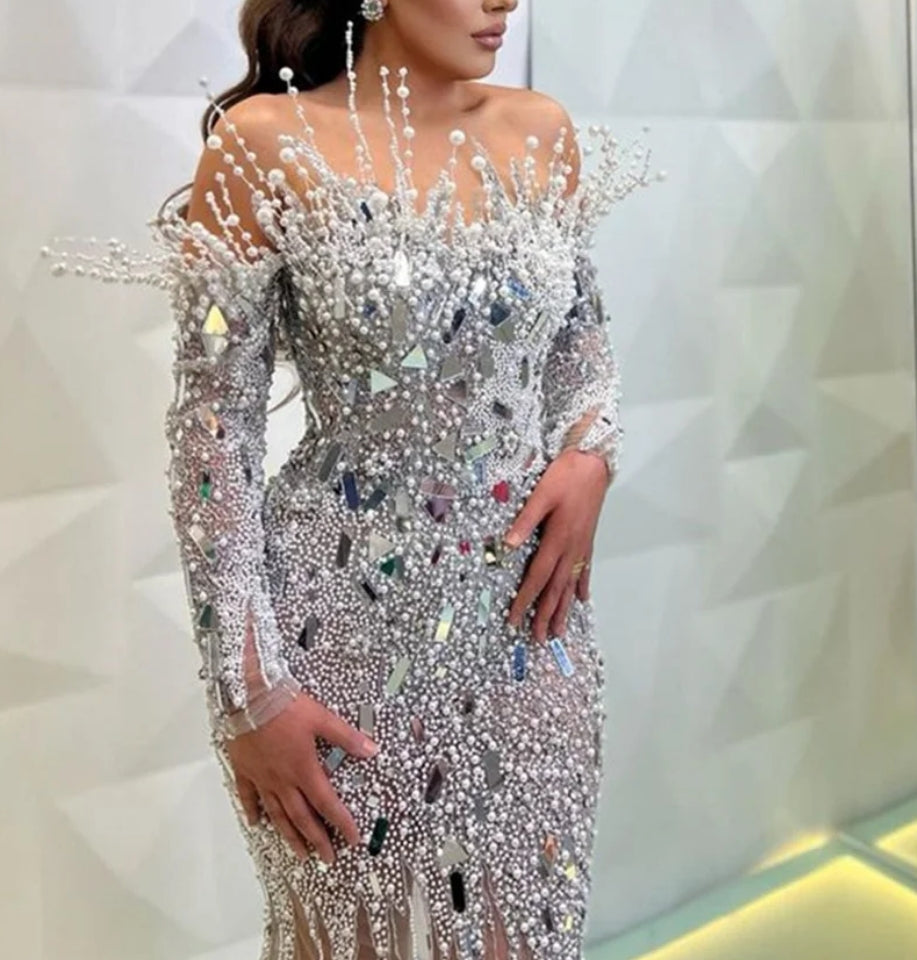 Newest Fashion Silver Prom Dresses For Women Strapless Off Shoulder Beaded Evening Party Gowns