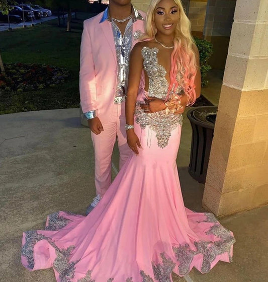 Sliver Crystal Beading Pink Lace Appliques Train Mermaid Prom Dresses Birthday Dress For Black Girl Luxury Cocktail Dresses