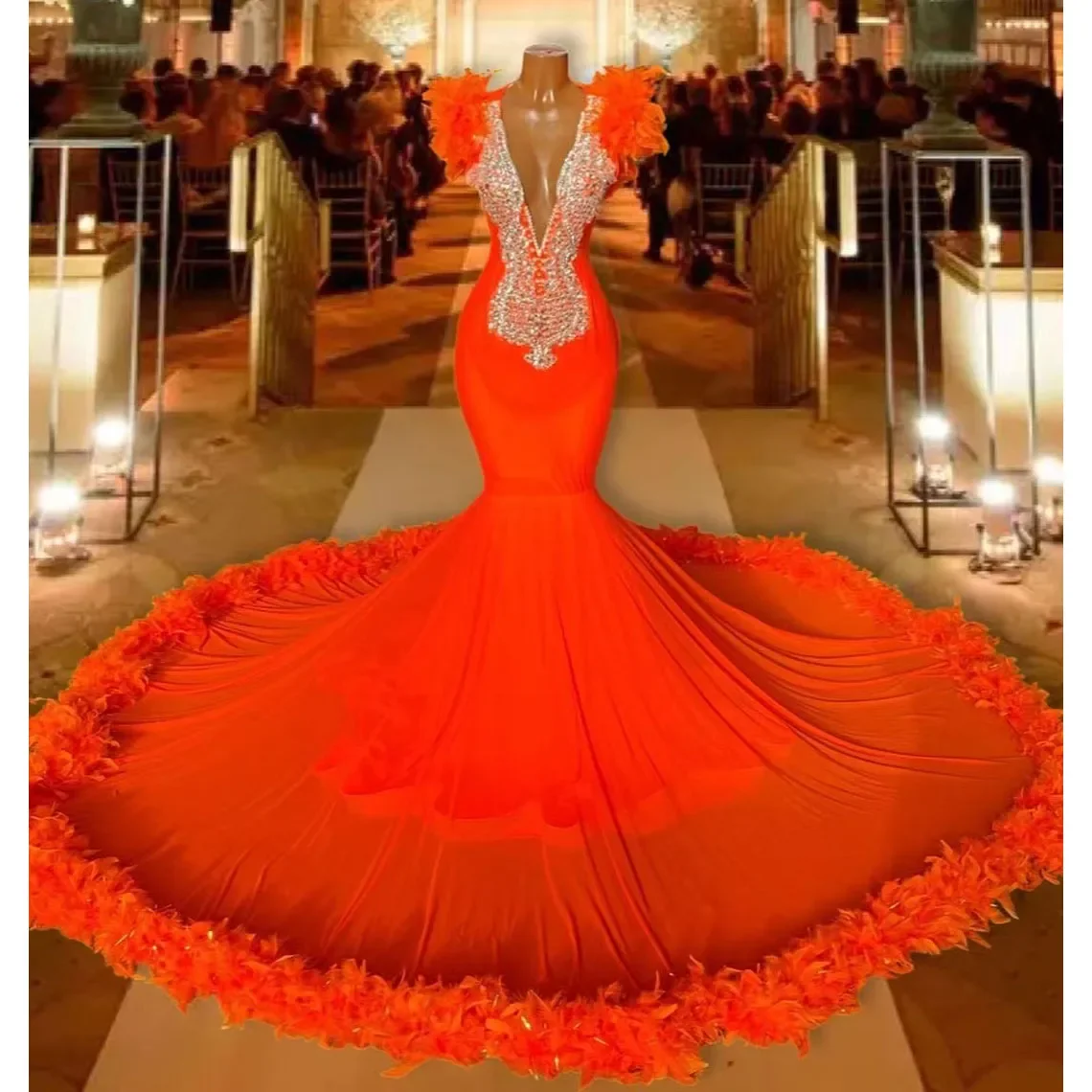 Luxury Orange Mermaid Prom Dresses For Black Girls Feathers Bottom Beading Crystal Deep V Neck Evening Party Gowns Birthday