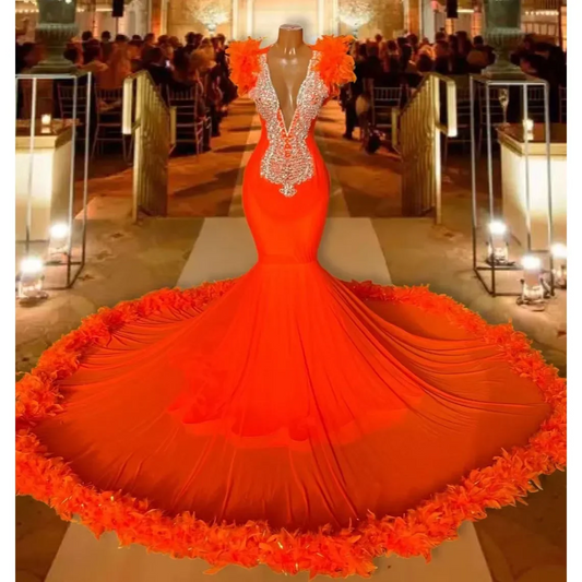 Luxury Orange Mermaid Prom Dresses For Black Girls Feathers Bottom Beading Crystal Deep V Neck Evening Party Gowns Birthday