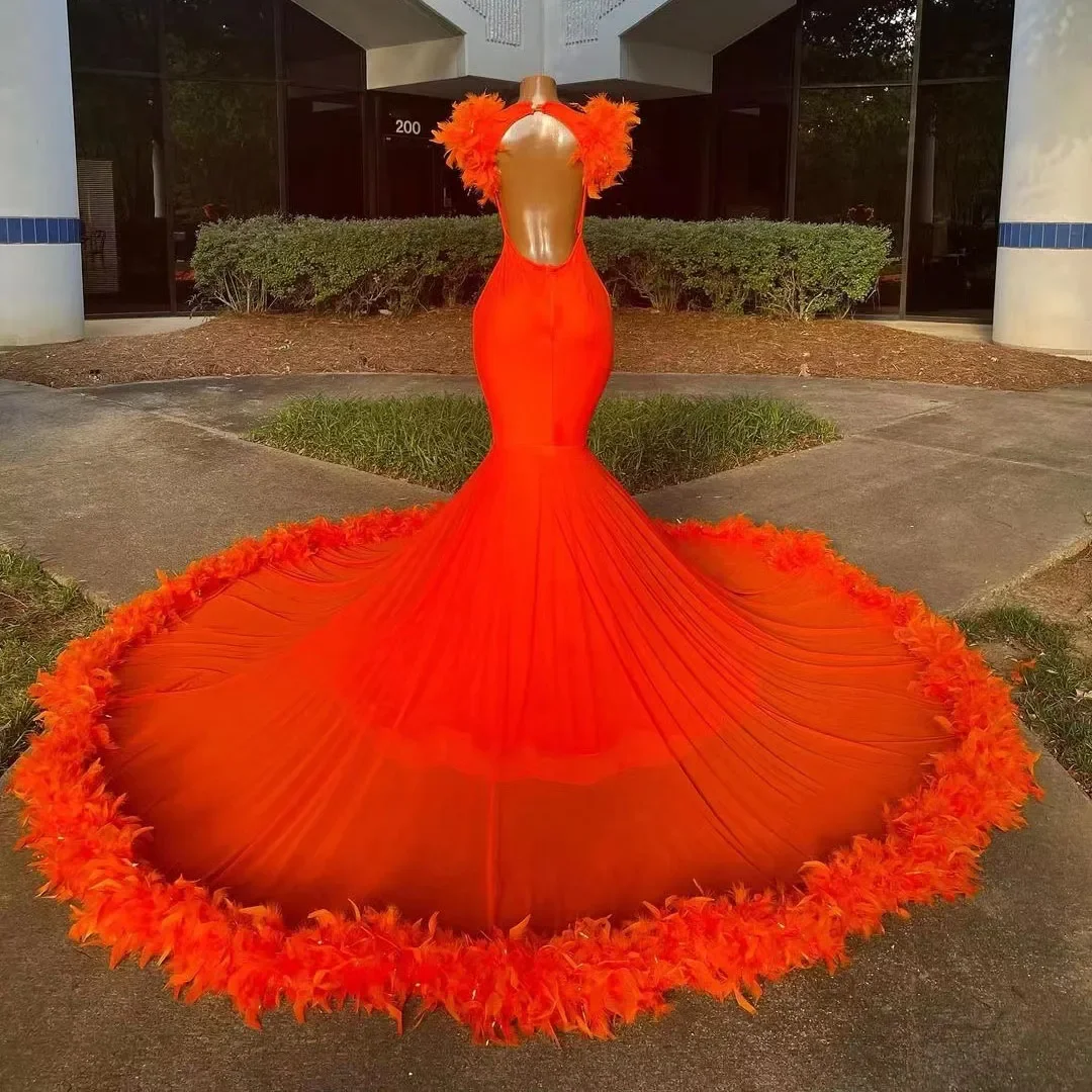 Luxury Orange Mermaid Prom Dresses For Black Girls Feathers Bottom Beading Crystal Deep V Neck Evening Party Gowns Birthday