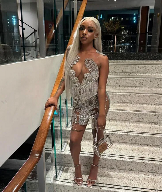Silver Diamond Mini Evening Cocktail Dresses for Black Girl Luxury Diamond Tassel Sheer Mesh Birthday Party Gala Dress