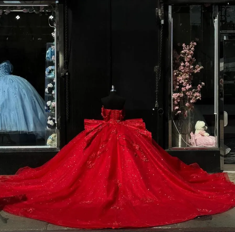Ruby Red Sparkly Princess Quinceanera Dresses Gillter Off Shoulder Floral Applique Corset