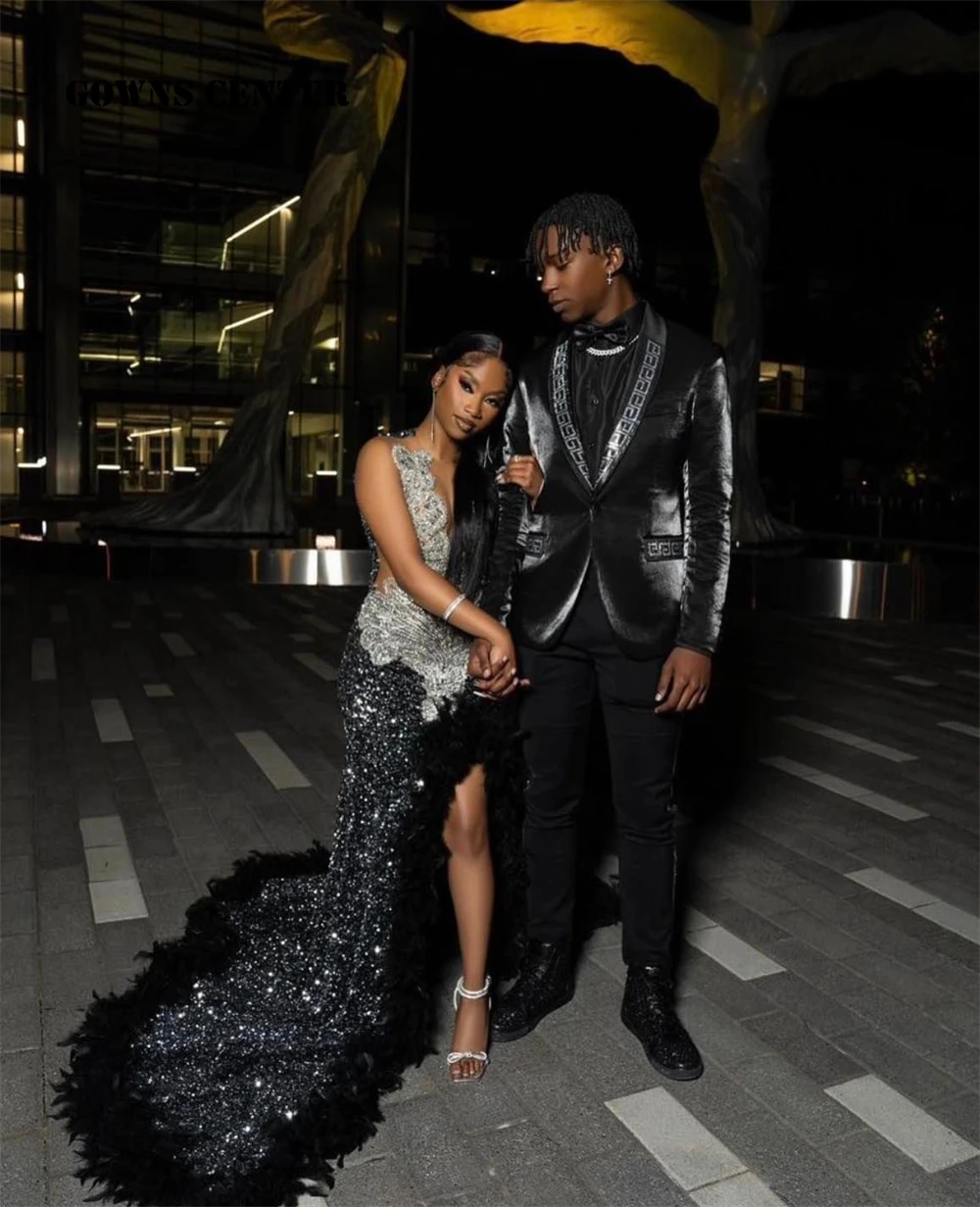 Black Velvet Sequin Feathers Train Rhinestone Prom Dress Black Girl African Mermaid Elegant Dress