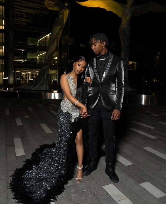 Black Velvet Sequin Feathers Train Rhinestone Prom Dress Black Girl African Mermaid Elegant Dress